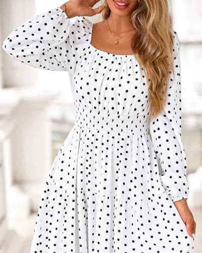 BTFBM Long Sleeve Dress for Women 2026 Spring Fall Boho Floral Square Neck Casual Flowy Long Wedding Guest Maxi Dresses(Polka Dot White Black, X-Large) - Thumbnail 5