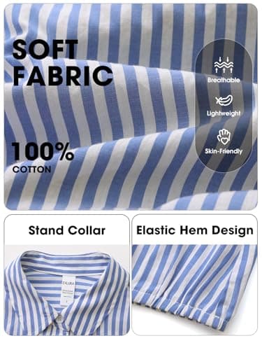 EXLURA Women's 100% Cotton Long Sleeve Crop Tops Summer Striped Collared Button V Neck Pullover Shirt Elastic Hem Y2K Blouse Blue - Thumbnail 5