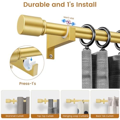 Gold Aluminium Curtain Rods for Windows,1 Inch Adjustable Curtain Rod 72 to 144 Inch,Heavy Duty Drapery Rods with Thicken Bracket,Modern Single Rod with Aluminium Finials - Thumbnail 4