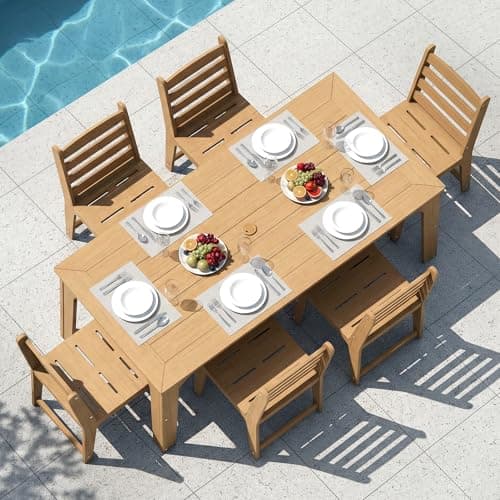 ACUEL HDPE Patio Dining Set for 6, Weather-Resistant Outdoor Table with Umbrella Hole, Never Sagging One-Piece Tabletop with Metal Support Bars for Poolside Backyard Garden (Teak Color) - Image 1