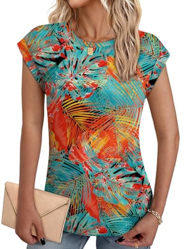 NORACORA Womens Spring Summer Floral Print Blouse Lightweight Cap Sleeve Shirts Dressy Casual Tunic Tshirts Shirts for Women Trendy Tropical Vacation Outfits Tropical Leaves M - Image 1