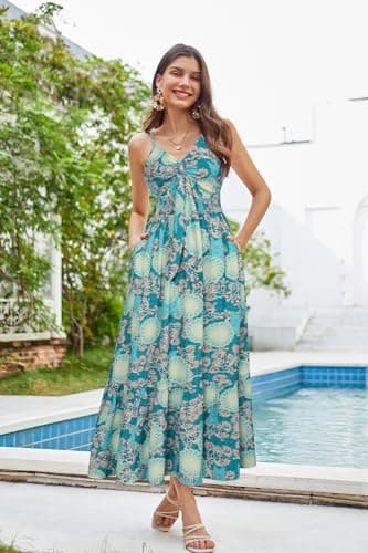 Women's Maxi Dress Casual Boho Sleeveless Spaghetti Strap Smocked Long Beach Sun Dresses with Pockets - Thumbnail 2