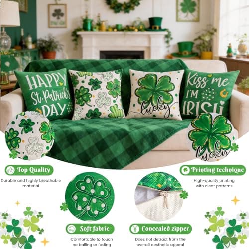 REBANDEN St. Patrick's Day Pillow Covers Decoration 18 x 18 inches 4-Piece Set Green Pillow Covers Lucky Clover Spring Pillow Covers Sofa Home - Thumbnail 2