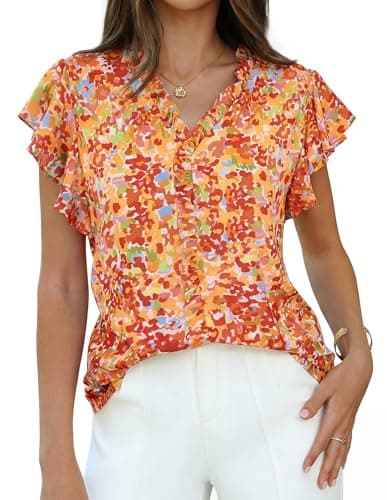 GRACE KARIN 2026 Boho Tops for Women Dressy Casual,Ruffle Sleeve Chiffon Blouses,V Neck Summer Fashion Clothes Orange XL - Image 1