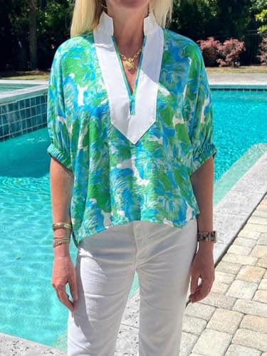 Cicy Bell Womens Summer Floral Blouses V Neck Puff Half Sleeve Boho Tops Color Block Dressy Casual Shirts Green - Thumbnail 6