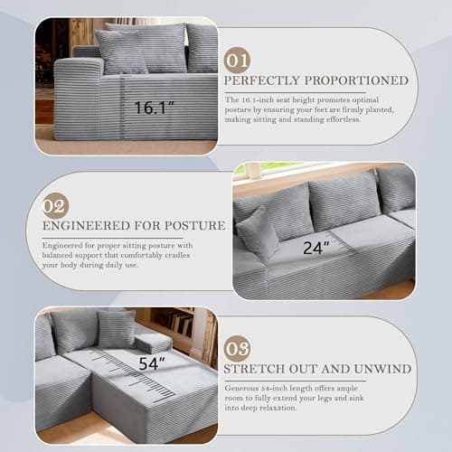 105’’ L-Shape Modular Sectional Sofa with Chaise, Convertible Cloud Couch, Corduroy Fabric & High-Density Memory Foam, No Assembly Required for Living Room (Grey, Right Facing Chaise) - Thumbnail 6