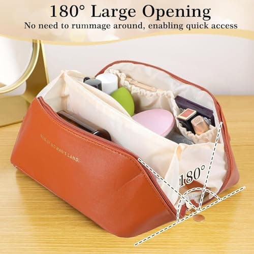 LSLCQW Makeup Bag, Portable Cosmetic Bag, Large Capacity Travel Makeup Case Organizer, Black For Women Toiletry Bag for Girls Traveling With Handle and Divider (Brown) - Thumbnail 4