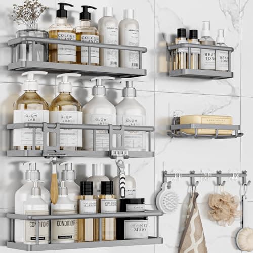 YASONIC Shower Caddy, 6 Pack Large Capacity shower Organizer with Soap Holder and 12 Hooks, Rustproof Shower Shelves for Inside Shower, No Drilling&Sleek Bathroom Organizers and Storage Grey - Image 1