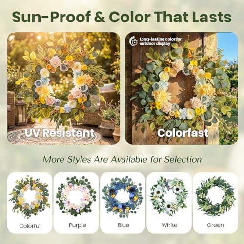 24Inch Spring&Sunmmer Wreath, Fade Resistant Outdoor Wreath for Front Door, Handmade Door Wreath with Artificial Flowers and Decorations for Window Fireplace Wall Porch - Thumbnail 2