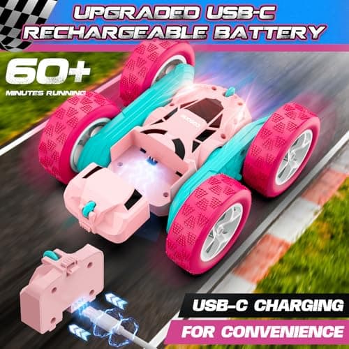cosone RC Cars, Pink Remote Control Car for Girls, 2.4 GHZ Double Sided RC Stunt Car 360 Rotating Remote Control Cars with Headlights Toys for 6 7 8 9 10 11 12 Girls Birthday Gift - Thumbnail 2