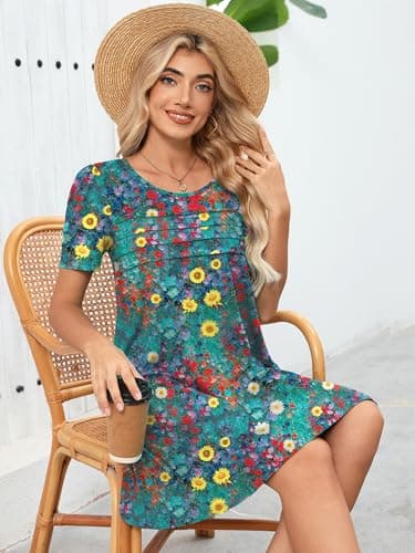 Heymoments Women's Short Sleeve Dress Floral Print XX-Large Plus Size Crewneck Casual Flowy Above Knee Length Sundress Comfortable Shirt Work Summer Cheap Dresses with Pockets - Thumbnail 2