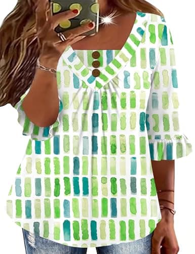 TFSDOD Plus Size Spring Clothes for Women T Shirts 3/4 Length Sleeve Women's Tops Dressy Casual Outfits White Green Stripe XL - Image 1