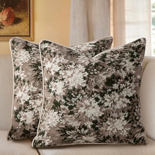 Pack of 2 Vintage Floral Throw Pillow Covers 24x24 Tapestry Chenille Euro Sham Covers Soft Decorative Farmhouse Square Accent Pillow Cases for Couch Bedroom Living Room Home Decor, Forest Green - Image 1