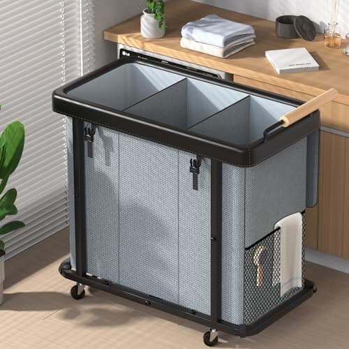 60 Gal (230L) Laundry Hamper 3 Section with Lid, Leather Patchwork Laundry Sorter with Rolling Lockable Wheels and Handle, Laundry Basket Organizer for Laundry Room, Bedroom and Bathroom - Gray - Image 1