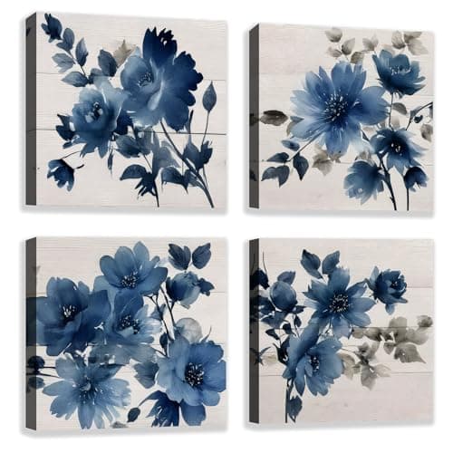 The Mode Art 4 Panels Navy blue Flowers Wall Art Canvas Print Watercolor Painting Vintage Floral Wall Decor for Kitchen Bathroom Bedroom 12x12 inch Each - Image 1