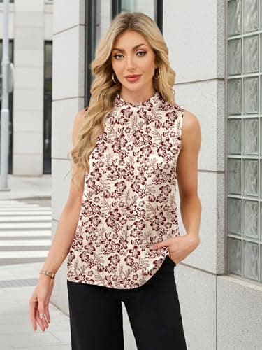 Funlingo Silk Satin Tank Tops for Women Sleeveless Floral Camisole Blouse Dressy Casual Work Shirt Summer Business Casual Outfits Beige Red 2XL - Thumbnail 2