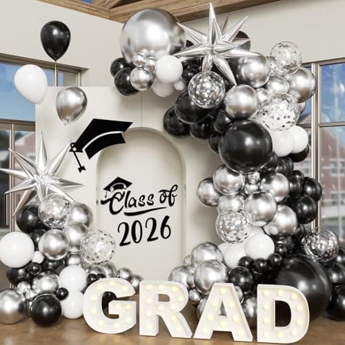 Black Silver Balloon Arch Kit Graduation Decorations 2026, 130Pcs Black and Gold Balloons and Foil Star Balloon with Confetti Ribbons Grad Party Decorations for College High School Class of 2026