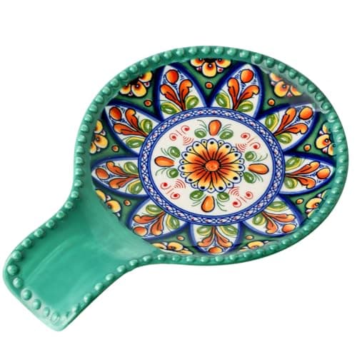 JINGUS Spoon Holder for Kitchen Counter, Large Ceramic Spoon Rest for Stove Top, 7.7 Inch Heat-Resistant Cooking Utensil Rest for Spatula, Ladle and Tongs, Great for Housewarming, Bohemian Green - Image 1