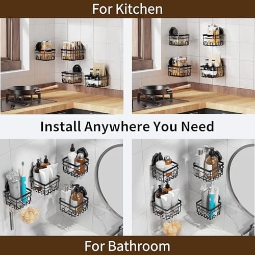 KEGII Suction Cup Shower Caddy 4 Pack, Universal Fit for All Showerheads, No Drill Bathroom Organizer with 36 Hooks & Razor Holder, Removable and Waterproof, Black - Thumbnail 4