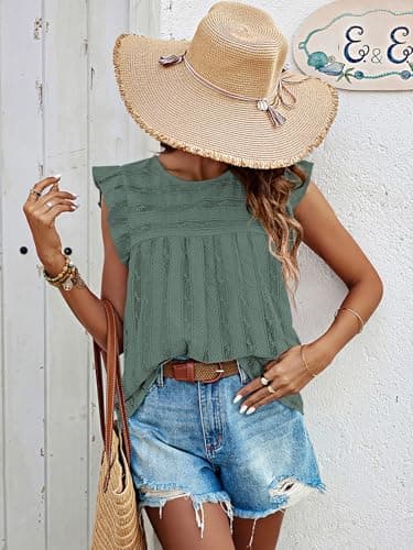 PRETTYGARDEN Women's Summer Cute Tank Top Crewneck Ruffle Sleeveless Hollow Out Eyelet Lace Spring Blouse Shirts(Cyan,Medium) - Thumbnail 6