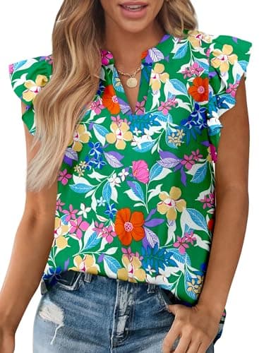 Zenlonr Womens Dressy Casual Tops 2026 Summer Ruffle Cap Sleeve V Neck Shirts Boho Floral Blouses Vacation Outfits(Green Orange Flower,Small) - Image 1