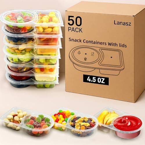 Lanasz 50 Sets 4.5 Oz Reusable snack containers with lids, Disposable Double Compartment Plastic Container for Sauce Snack,Condiment Container with Lid,Snacks Box Meal Prep Travel - Image 1