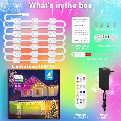 MUCCCUTE Permanent Outdoor Lights for Valentines100ft RGB + IC Eaves Lights with App & Remote Control, Outdoor String LED IP67 Waterproof for Holidays New Year July 4th Roof Eaves House Garden Decor - Thumbnail 6