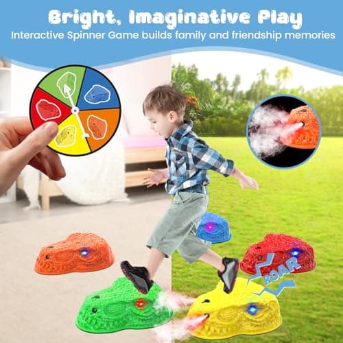 Dinosaur Toys for Kids 3-5, Mist Spraying Dino Roaring & Light up Stepping Stones for Kids, Indoor & Outdoor Durable Non-Slip Sensory Balance Stones with 5 Rechargeable Batteries, Great Toddlers Gift - Thumbnail 5