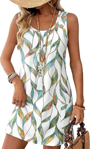 WEESO Hawaiian Dresses for Women Casual Mini Dresses Spring Summer Fashion Vacation Boho Sundresses Floral Leaf L - Image 1