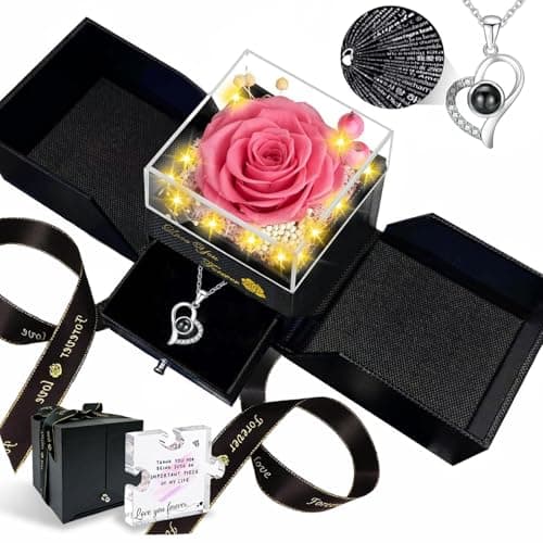 Megapuxin Preserved Real Rose-Eternal Flowers Rose Mothers Day for Mom Women Her Wife Girlfriend on Birthday Valentines with I Love You Necklace 100 Languages Romantic Gift (Pink) - Image 1