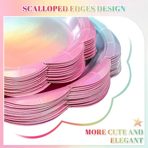 NatNarr 200 Pcs Iridescent Pastel Party Supplies Decorations, 25 Guest Scalloped Iridescent Pastel Plates and Napkins, Holographic Rainbow Plates Cups Napkins Straw Silverware for Girls Birthday - Thumbnail 2