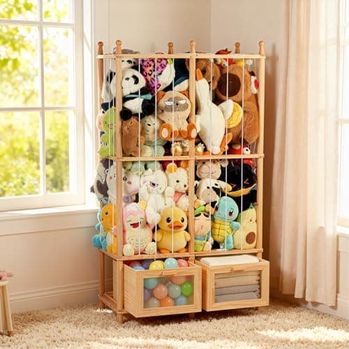 Kompaktayc Stuffed Animal Storage with Two Wooden Drawers, 280L Extra Large Capacity Plush Toy Organizer Tower, Solid Wood Stuffed Animal Zoo Storage for Bedroom, Playroom&Home Organization