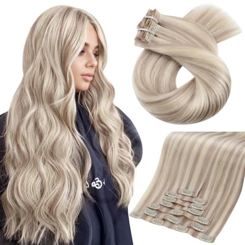 Moresoo Seamless Clip in Hair Extensions Real Human Hair Blonde Highlight Remy PU Weft Human Hair Clip in Extensions for Women Cool Ash Brown with Bleach Blonde with A Hint of Pink 7pcs 120g 20Inch
