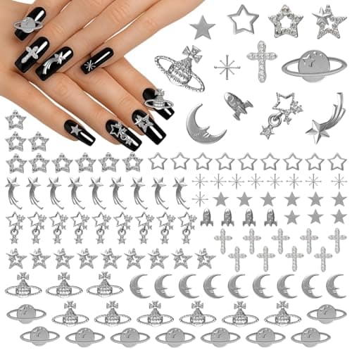110 Pcs Silver Nail Charms and Gems - Cross, Planet, Moon, and Silver Star Nail Charms Designs with Rhinestones - Easy-to-Apply | Sturdy Acrylic For Stylish DIY and Professional Manicures - Image 1