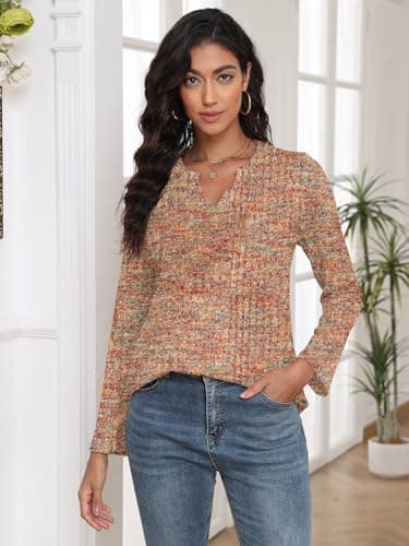 COCOMARTS Womens Waffle Knit V Neck Tops Long Sleeve Henley Shirts Casual Blouses Fall Winter Outfits 2025 Trendy Clothes Golden Apricot Large - Thumbnail 2