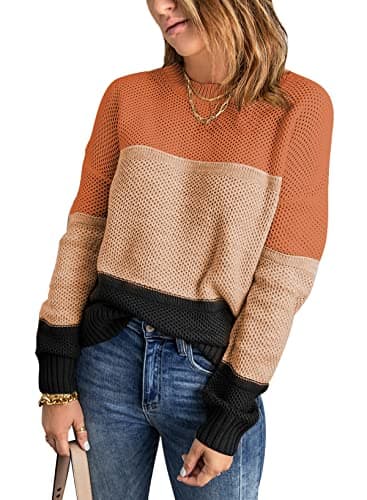 Dokotoo Sweaters for Women 2025 Color Block Striped Sweater Crewneck Long Sleeve Loose Knit Tops Orange Pullovers Fall Outifits Medium - Image 1