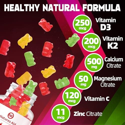 Natures Aid Sugar-Free Vitamin D3 K2 Gummies with Calcium + K2 (MK-7), Magnesium Citrate, Vitamin C, Extra Strength - Ultimate Absorption for Bone Muscle Teeth Immune, Vegan - 60 Gummies - Thumbnail 2
