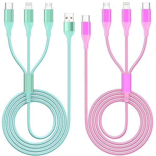 ShSiXin 3 in 1 Multi Charging Cable for Multiple Devices with USB-C/IP/Micro Port, USB Cable iPhone Charger Cord, Travel Car Charger Cord for iPhone17-8, Galaxy 25 Android iPad, 2Pack 4FT-Green/Rose - Image 1