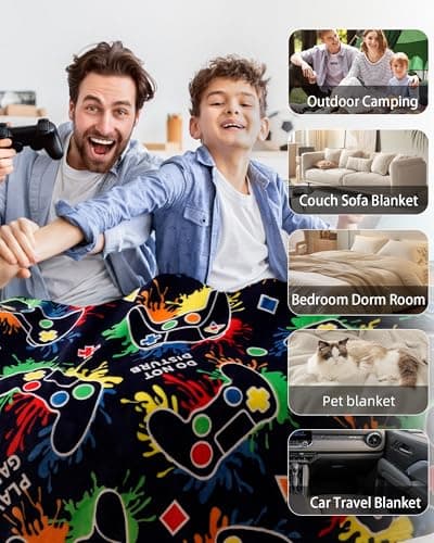 Gaming Gifts for Gamer Glow in The Dark Blanket: Cool Birthday Glowing Presents Toys for Video Game PC Gamers Men Teen Boys Kids Adults Girls Valentines Easter Christmas Ideas Throw Navy Blue 60x50 In - Thumbnail 5
