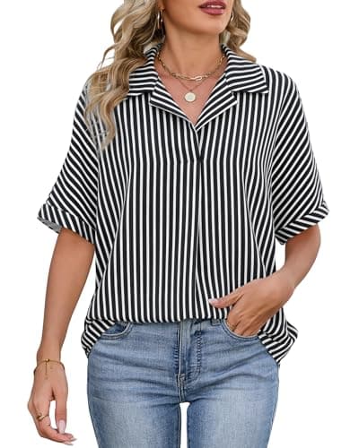 IEEILULU Womens Striped Collared Shirt Dressy Casual Short Sleeve Shirt Blouse Tops Oversized Business Work Shirts Black and White Striped XL - Image 1