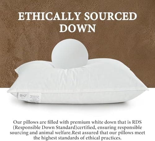 BHZ Goose Down Feather Pillows Queen Size - Hotel Collection Bed Pillows for Sleeping Soft Pillow for Side and Back Sleepers with 100% Cotton Fabric - Thumbnail 2