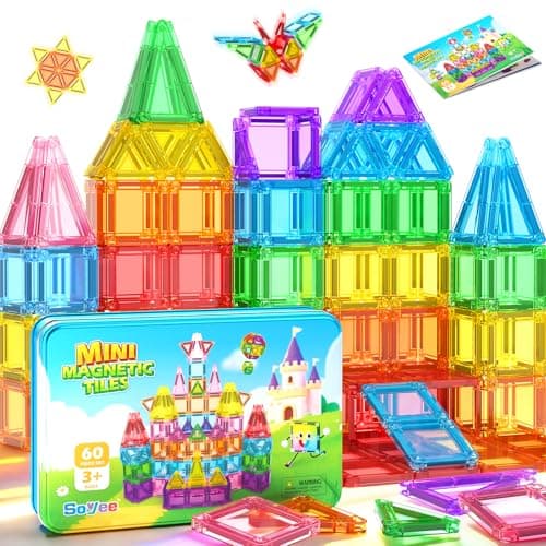 Soyee Mini Magnetic Tiles 60PCS Toddler Kids Toys Travel Set with Metal Tin Case, Portable STEM Building Blocks Kids Toy for 3 4 5 6 7 8 Year Old Boys & Girls, Educational Toddler Kids - Image 1