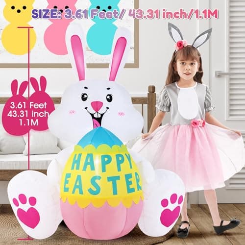 GIFTFIND 3.6FT Easter Inflatables Bunny with Egg - Brighter LED Lights, Quick Inflation Outdoor Yard Decoration, Holiday Inflatable for Patio Garden Lawn, Cute Ear Bunny Rabbit Gifts - Thumbnail 5