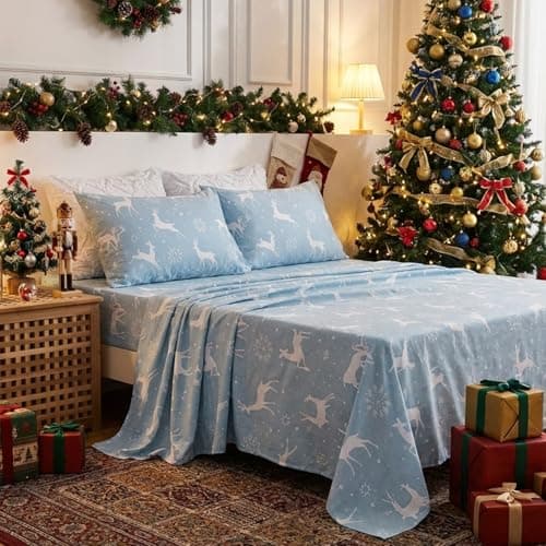 CAROMIO Christmas Bed Sheets King, Soft Brushed Microfiber Bed Sheet Set, 16 Inches Deep Pocket Fitted Sheet Winter Holiday Sheets Set (Blue, King) - Image 1