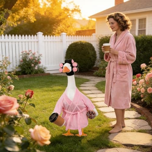 yuboo Lady Porch Goose Outfit 23 Inch Pink Bathrobe, Spring Goose Clothes Porch Geese Accessories Pink Pajamas Robe Curlers and Coffee Cup for Spring Easter Funny Decoration - Thumbnail 4