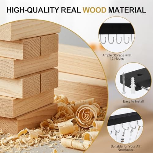 Dntorx Hanging Jewelry Organizer, 2 Pack Black Necklace Holder for Wall Wooden Necklace Organizers Hangers Wall Mount with 24 Hooks Jewelry Display Hanger for Necklaces, Bracelets, Earrings, Keys - Thumbnail 3