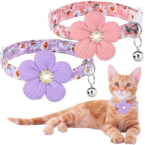 Cat Collar, HYQHYX Breakaway Kitten Collar with Flower,Rhinestone Kitty Collar with Bell, Floral Pet Collar with Safety Buckle for Cats and Puppy Dog (Pink + Purple) - Image 1