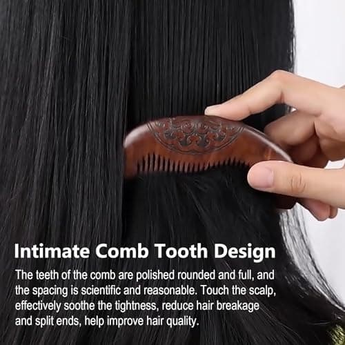 YAKUNCL Natural Sandalwood Fine Tooth Comb - Anti Static Wooden Comb for Women, Smooth Detangling Hair Comb, Portable Travel Mini Wood Combs for Curly & Straight Hair - Thumbnail 6