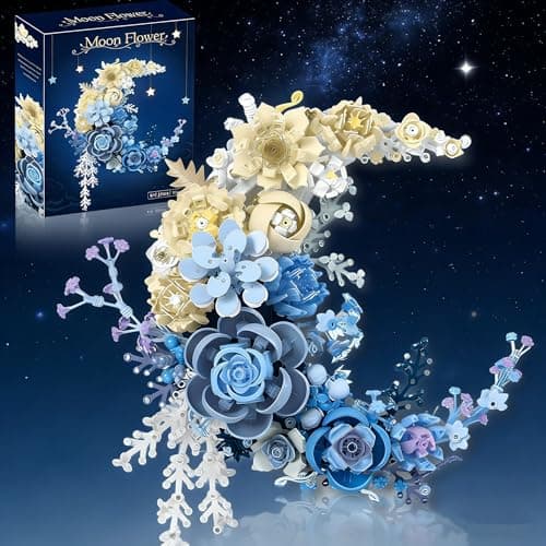 Blue Moon Flower Building Set - Botanical Collection Building Blocks for Adults, Moon Decor Wall Art Artificial Flowers, DIY Gift for Christmas, Valentines, Birthday, Mother’s Day, Tabletop Decoration - Image 1