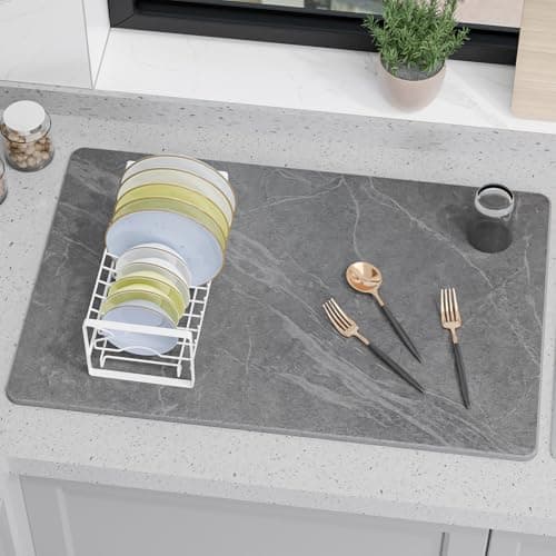 Vorisebo Large Stone Drying Mat for Kitchen Counter, 24" × 16" Diatomite Dish Drying Mat, Quick Dry Stone Mats, Ultra Absorbent Natural Diatomaceous Earth Mats for Dished, Bottles, Black Marble - Image 1